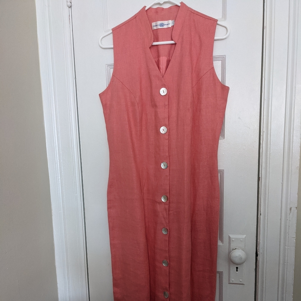 Vintage Rebecca Thomas Pink Linen Maxi Dress - 10